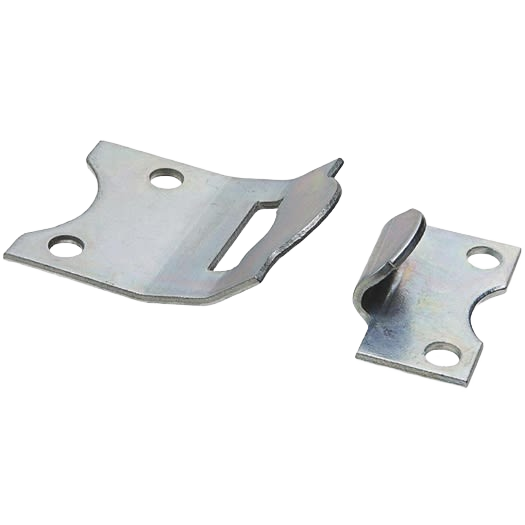 Two-piece metal sash hanger set with mounting holes for securing storm or screen windows in home improvement projects