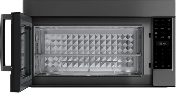 Open black stainless steel microwave with digital touch controls and spacious interior in kitchen appliances collection