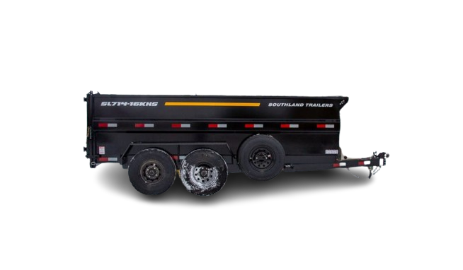 Black tandem axle dump trailer with heavy-duty tires and 110V battery charger for hauling in All Products collection