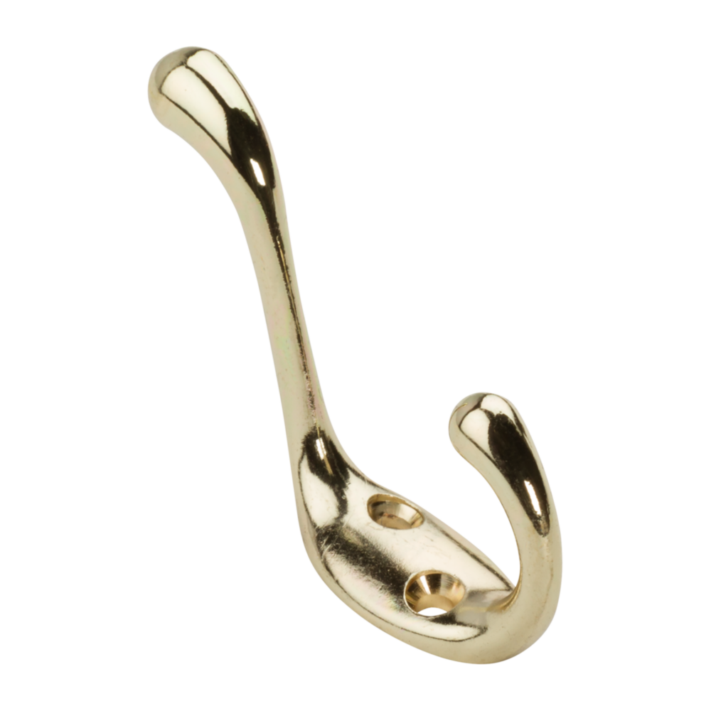 Bright brass double-prong wardrobe hook made of heavy-duty die-cast zinc for closet and storage organization