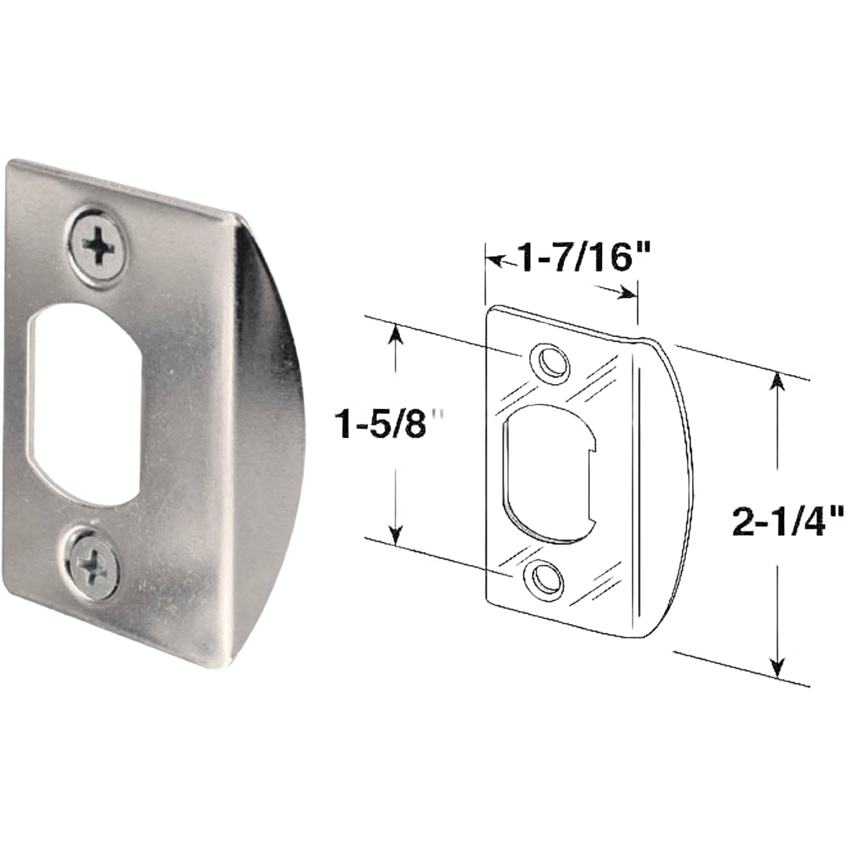 Chrome finish strike plate with mounting screws and dimensional diagram for hardware and deadbolt installation.