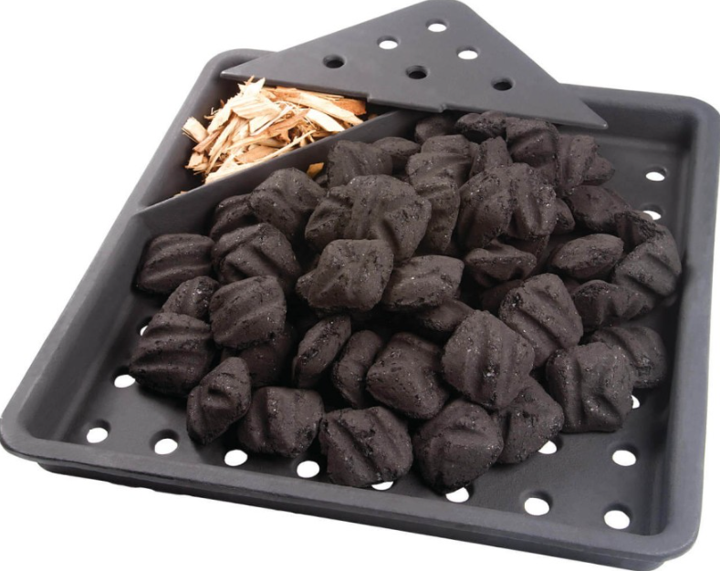 Heavy-duty cast iron charcoal and smoker tray with perforations for airflow, designed for outdoor cooking and grilling accessories.