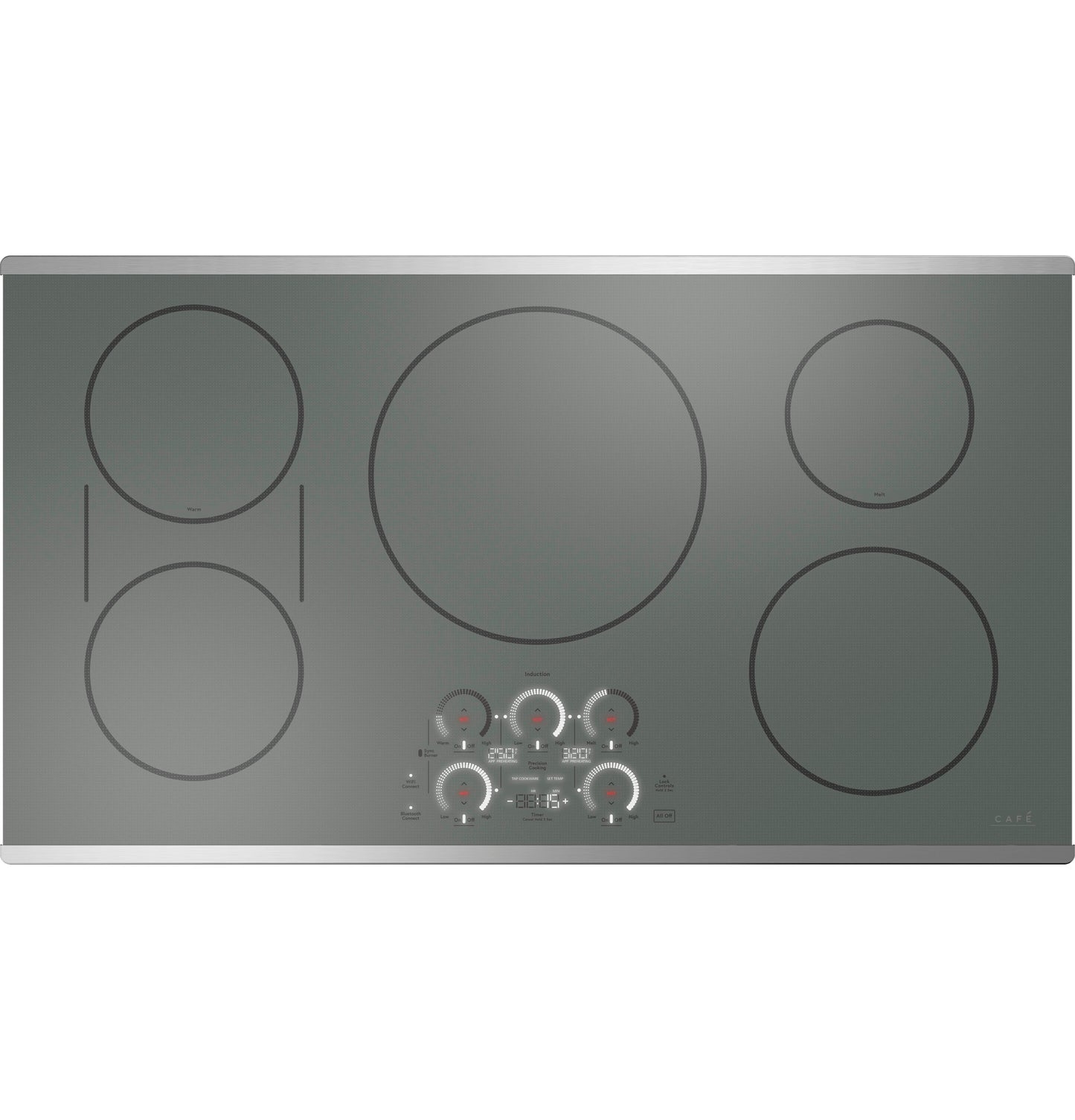 Gray glass induction cooktop with five cooking zones and digital touch controls for modern kitchen appliances collection