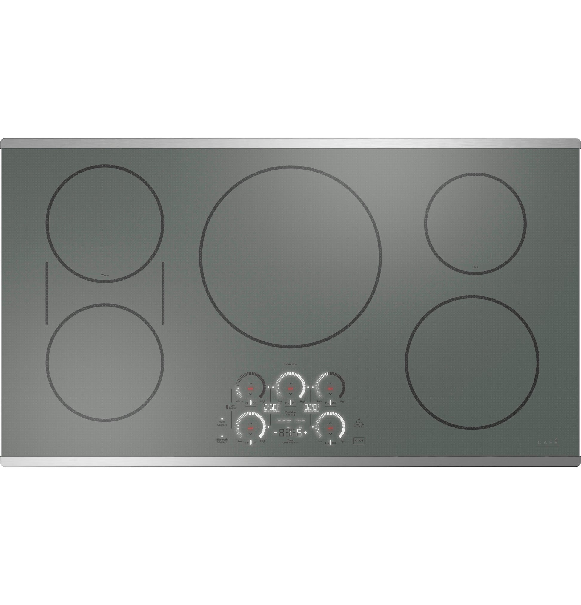 Gray glass induction cooktop with five cooking zones and digital touch controls for modern kitchen appliances collection