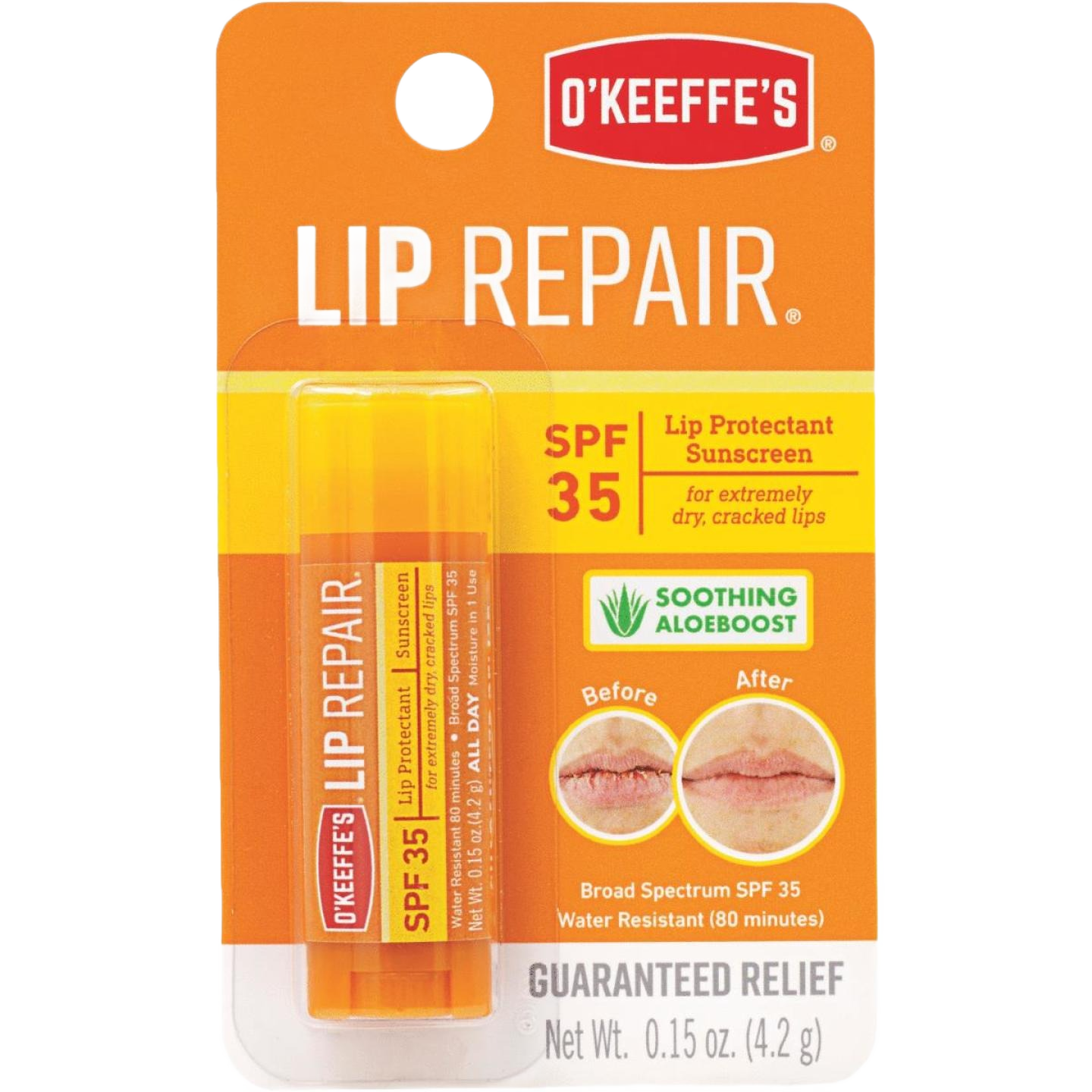 O’Keeffe’s SPF 35 lip balm with aloe boost in orange packaging for dry, cracked lips in Health & Beauty collection under $25
