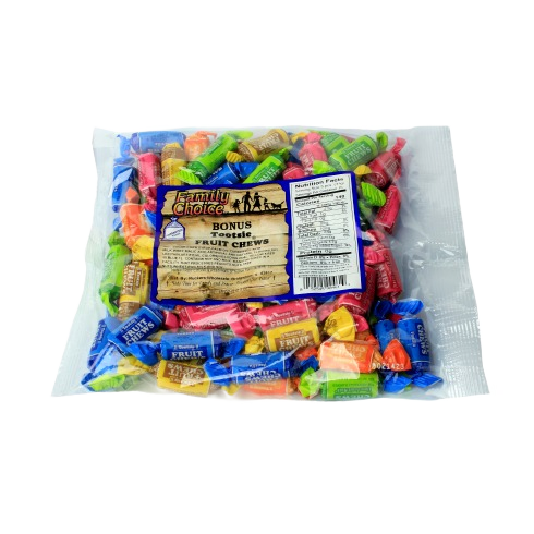 Clear bag of assorted colorful bite-sized fruit chews in various flavors from candy and food collections under $50