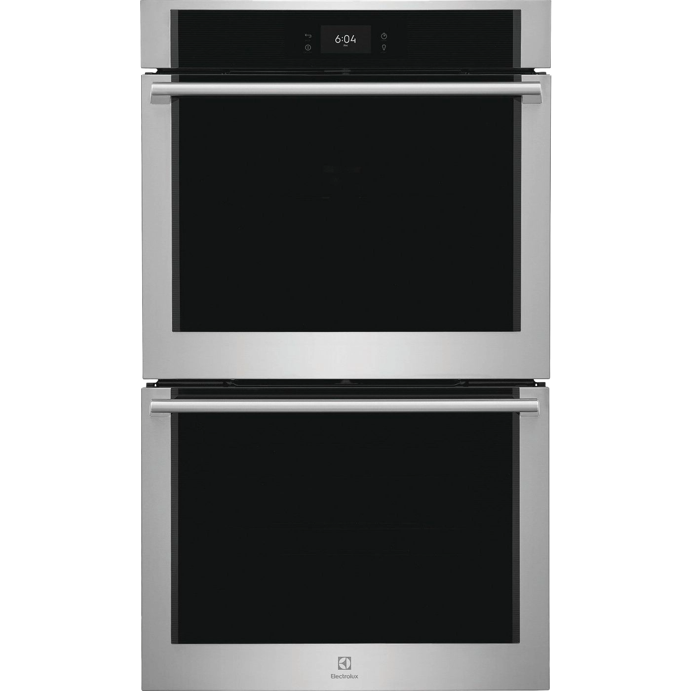 Stainless steel 30-inch electric double wall oven with digital display and sleek handles in kitchen appliance setting