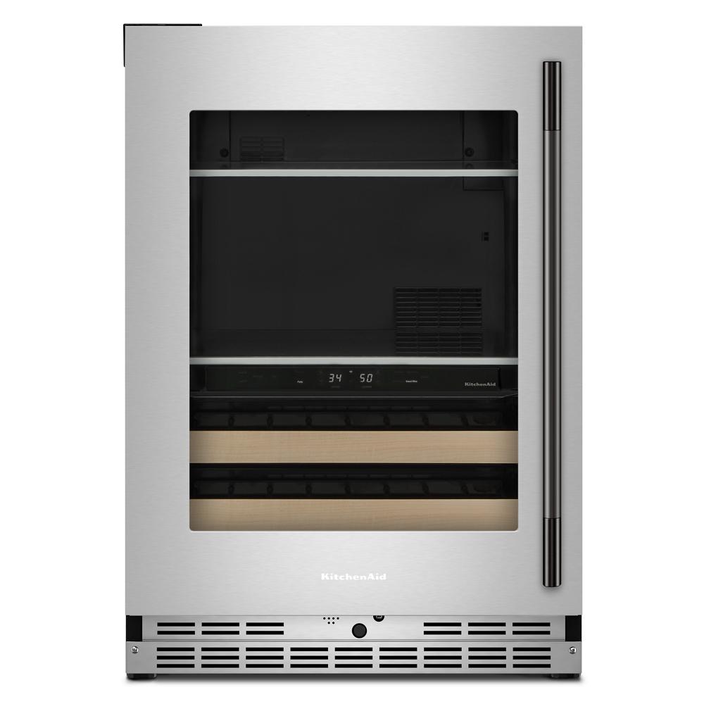 Stainless steel undercounter beverage center with glass door, wood-front racks, digital controls, and KitchenAid branding