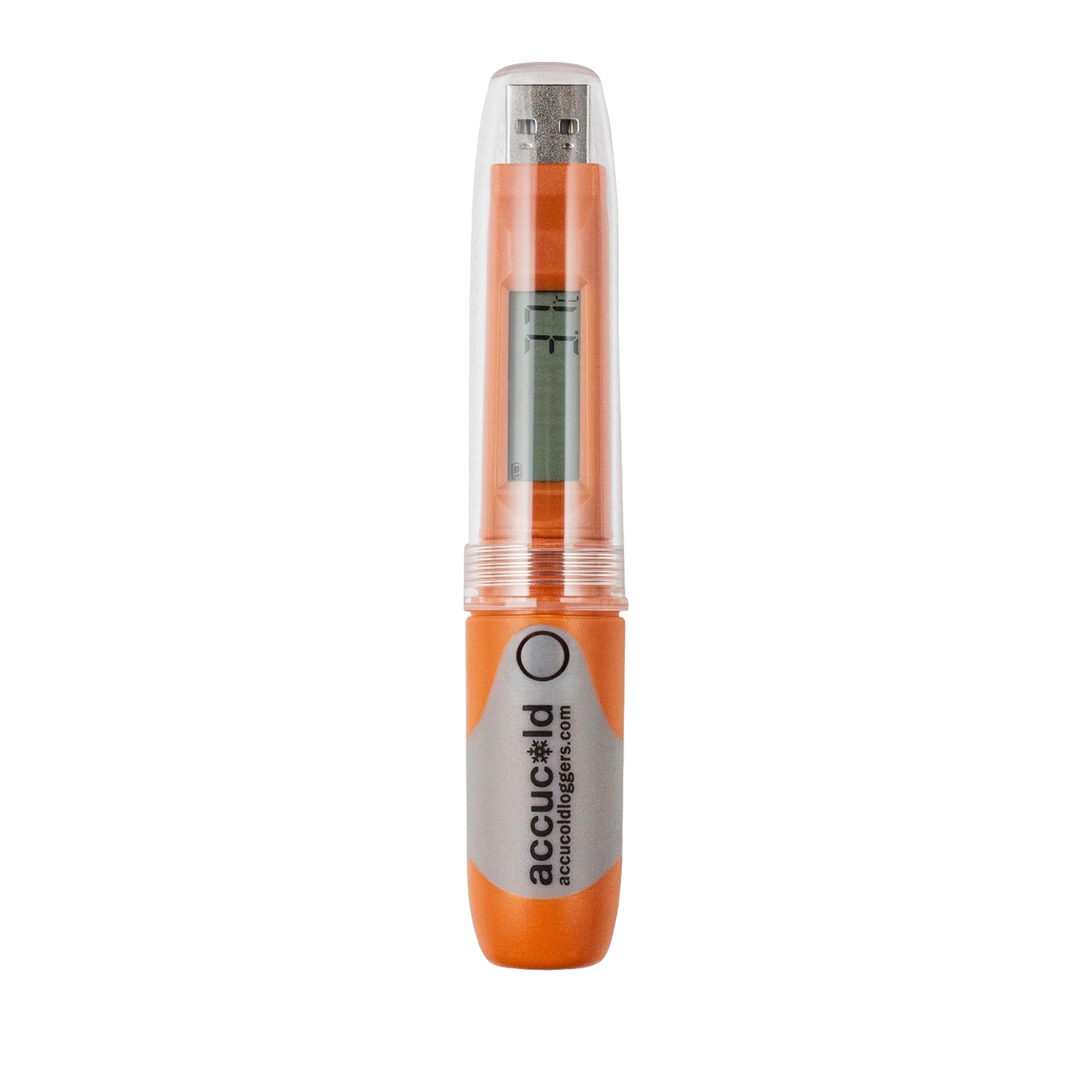 Orange portable data logger with USB connector and digital display for temperature monitoring in appliances collection