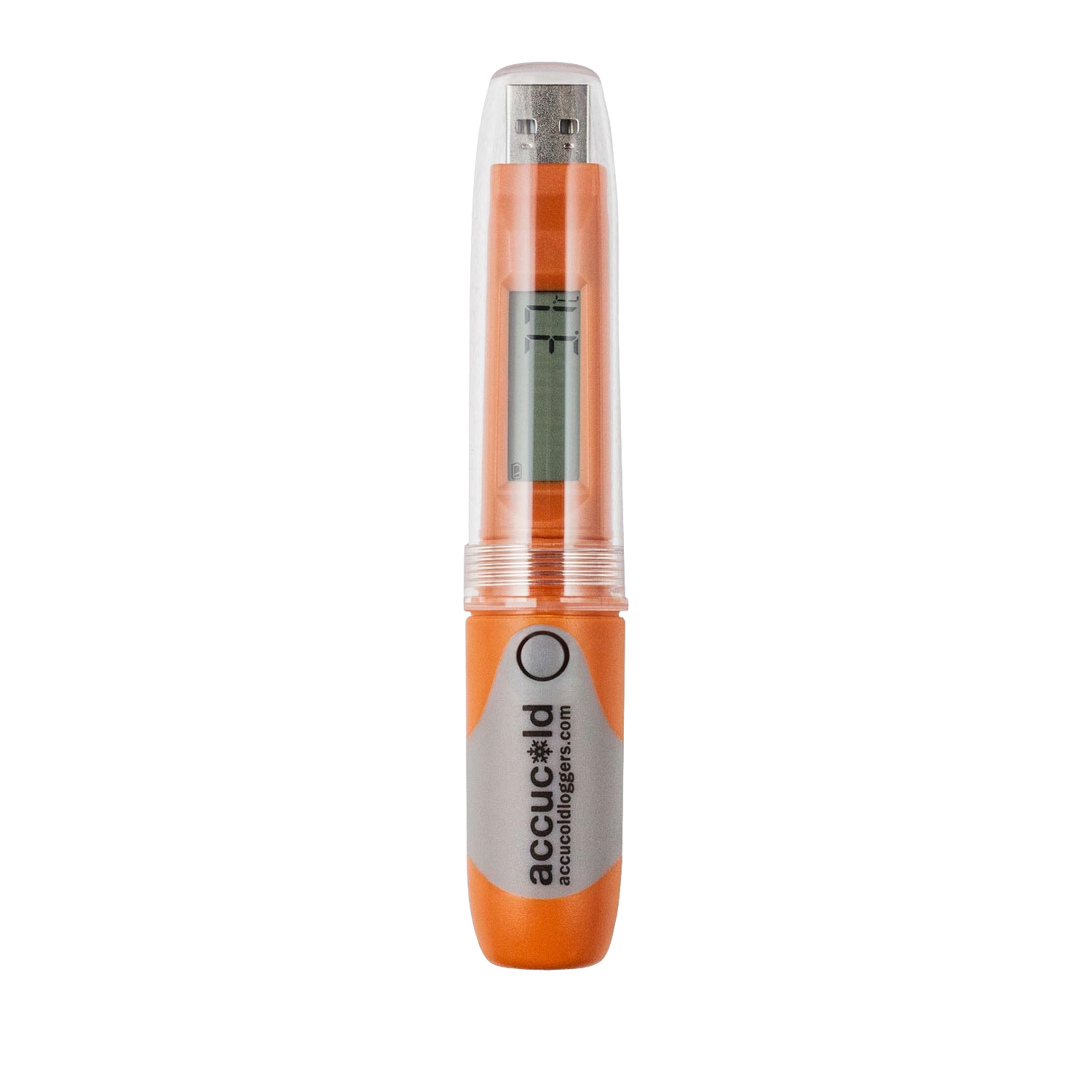 Orange portable data logger with USB connector and digital display for temperature monitoring in appliances collection