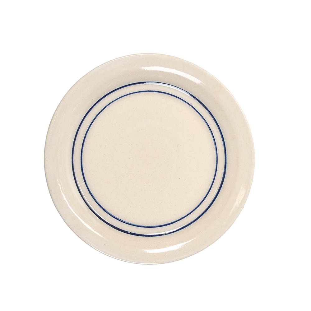 Cream stoneware salad plate with two blue concentric stripes, handcrafted kitchenware under $50 for elegant table settings