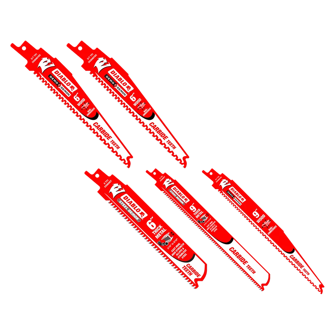 Set of five red reciprocating saw blades with carbide teeth for heavy-duty cutting and home improvement tasks