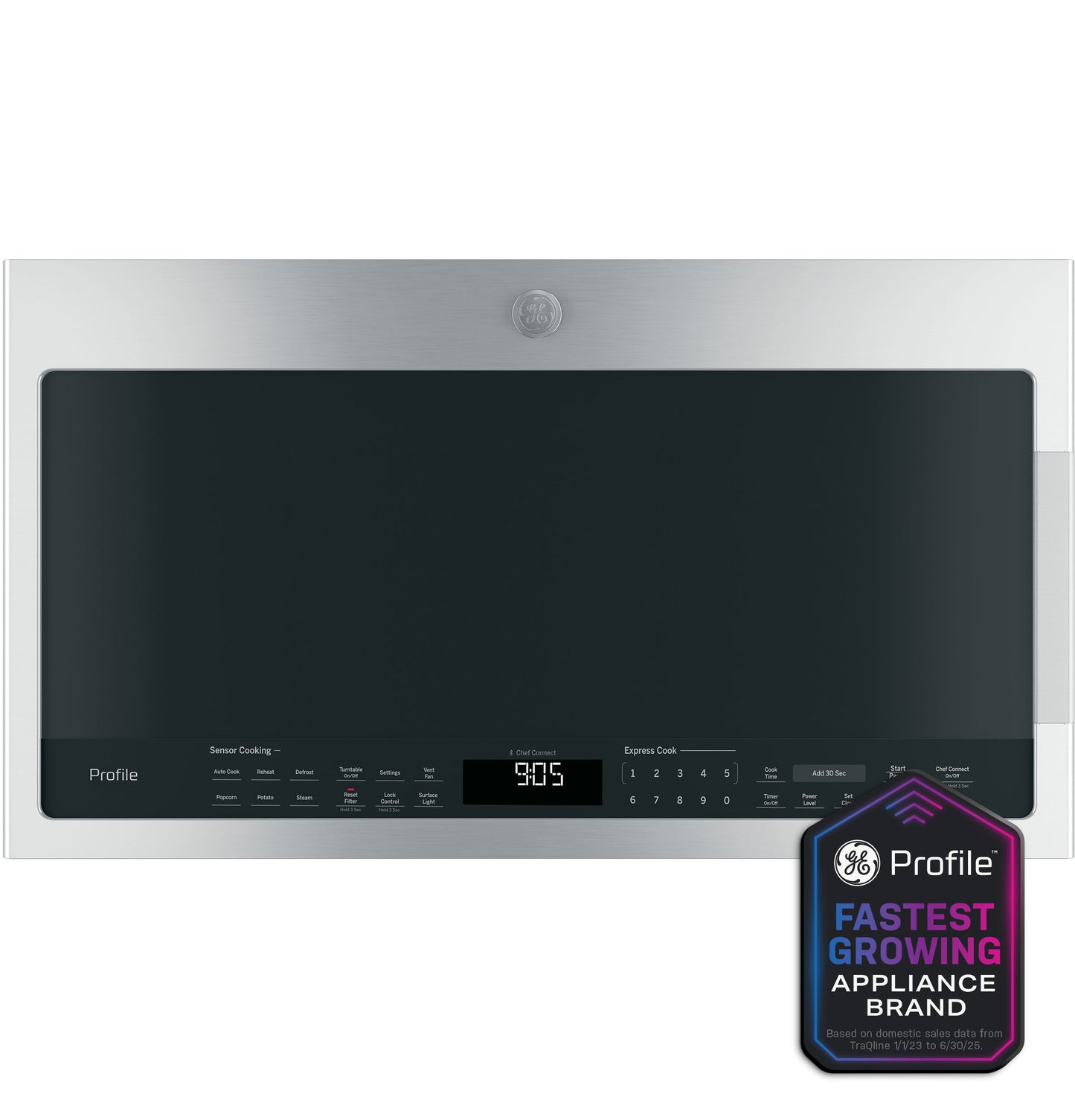Over-the-range sensor microwave oven in stainless steel with digital display and touch controls in kitchen appliances collection
