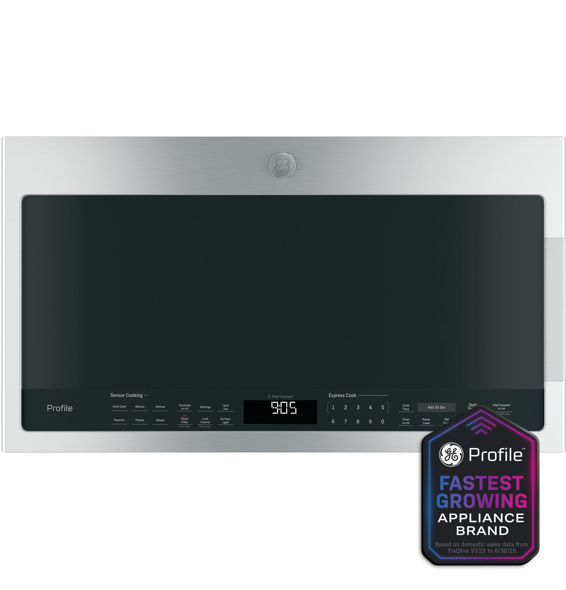 Over-the-range sensor microwave oven in stainless steel with digital display and touch controls in kitchen appliances collection