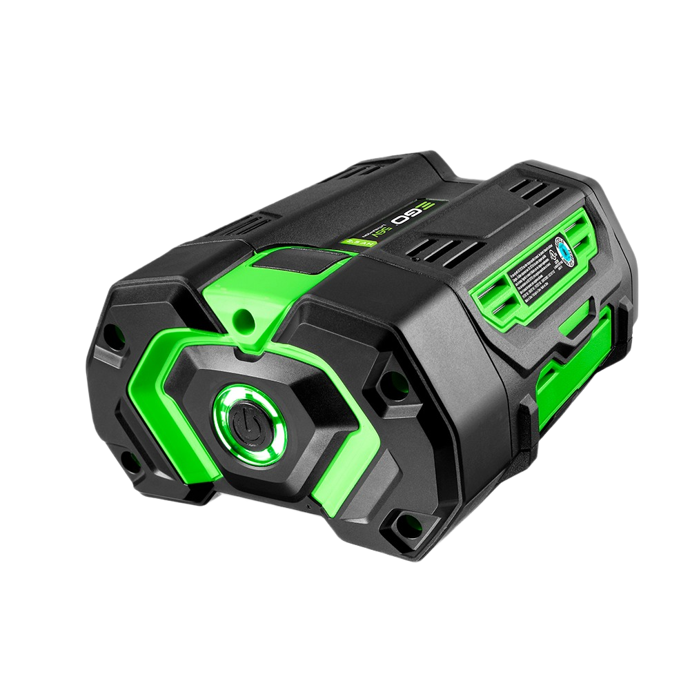 Compact black and green rechargeable battery pack with fuel gauge and power button for tools and home improvement use