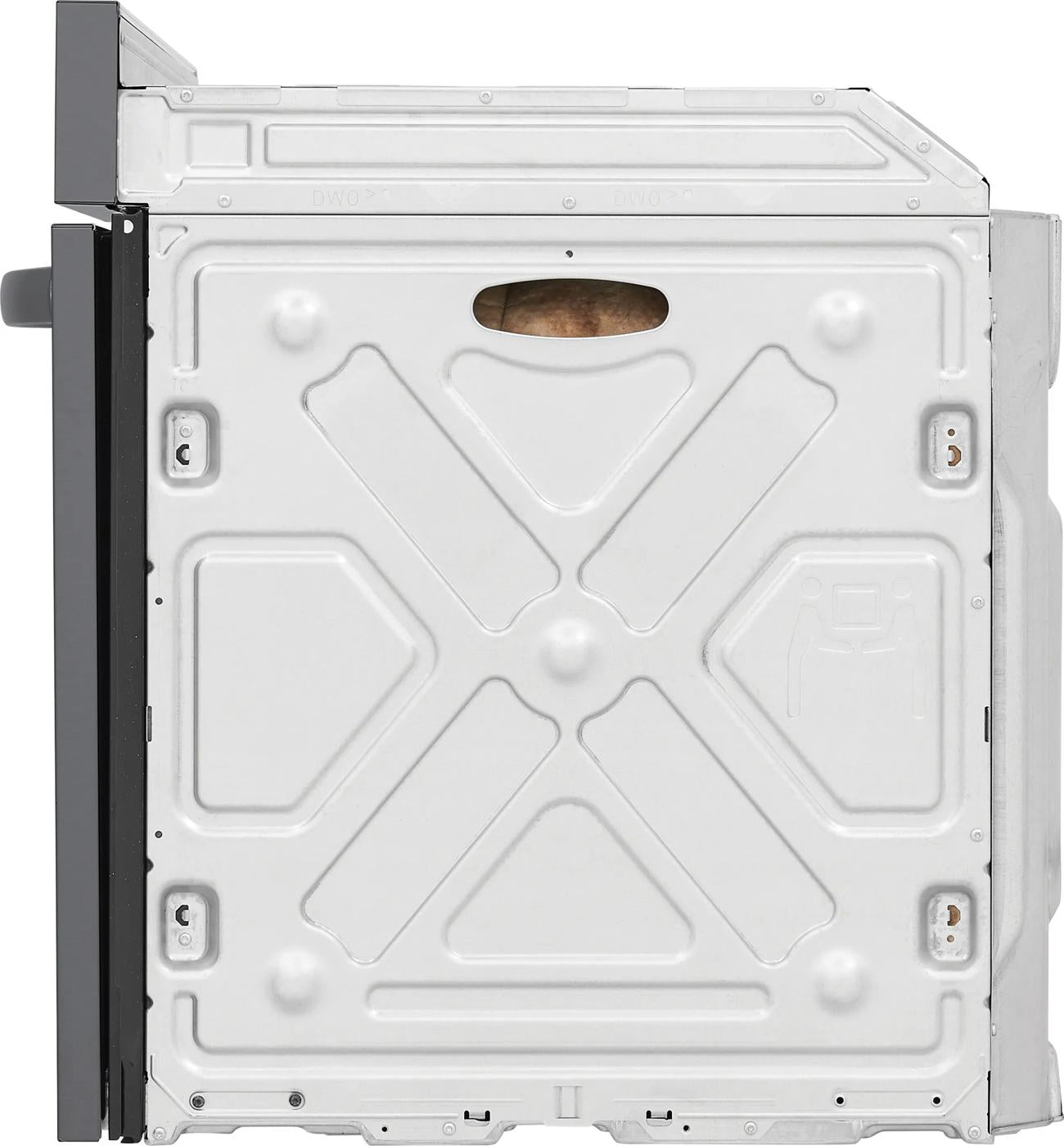 Side view of white electric wall oven showing metal panel and black trim for kitchen appliances collection