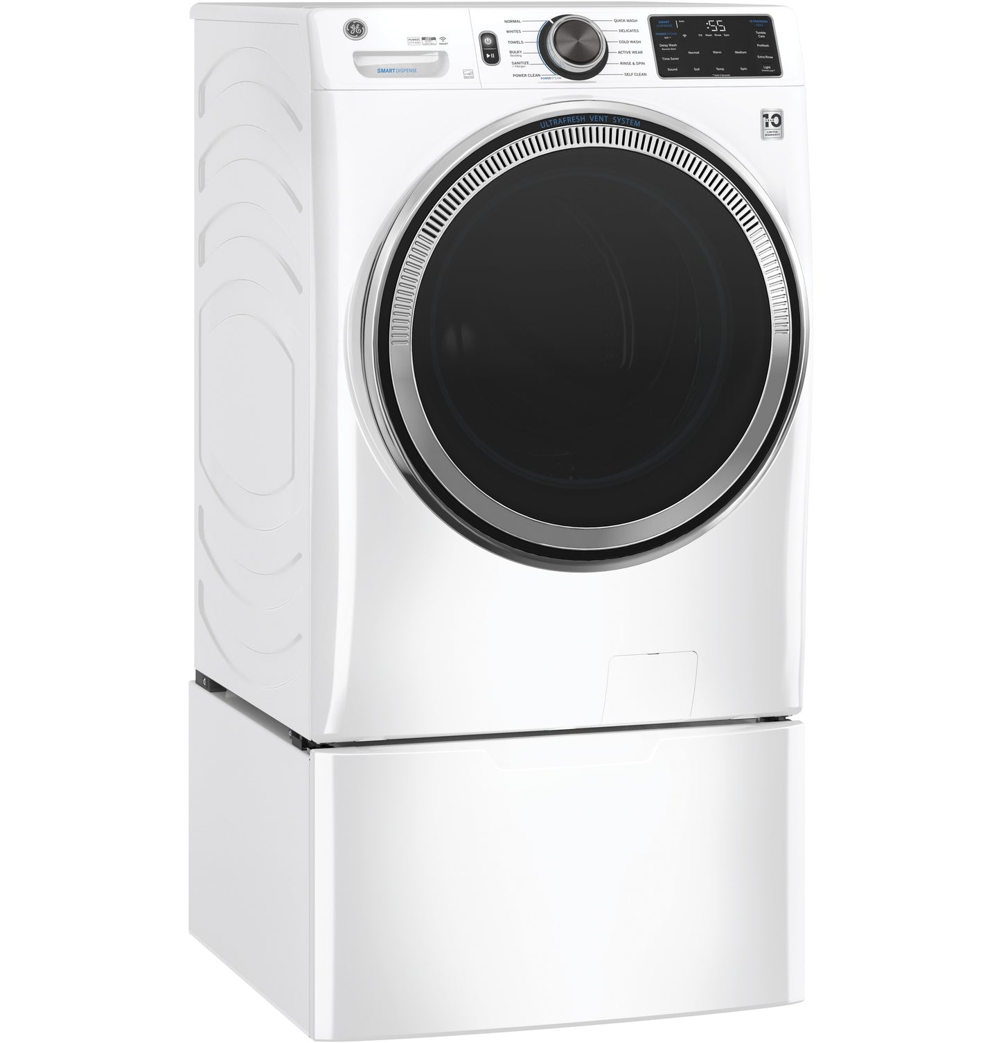 White front-load washing machine on matching pedestal from laundry pedestals and appliance parts accessories collection