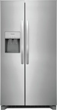 Stainless steel side-by-side refrigerator with water dispenser and sleek handles in kitchen appliances collection