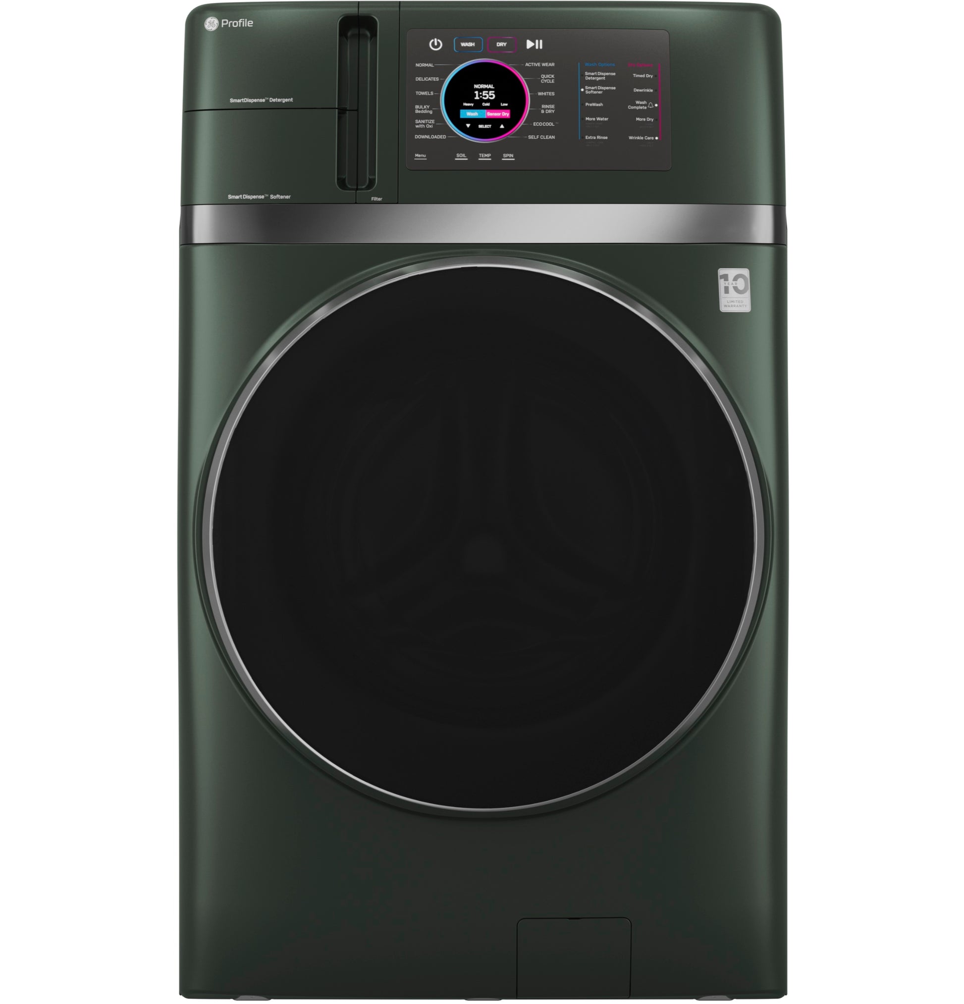 Dark green front-load washer dryer combo with touchscreen control panel from Washer/Dryer Combos collection