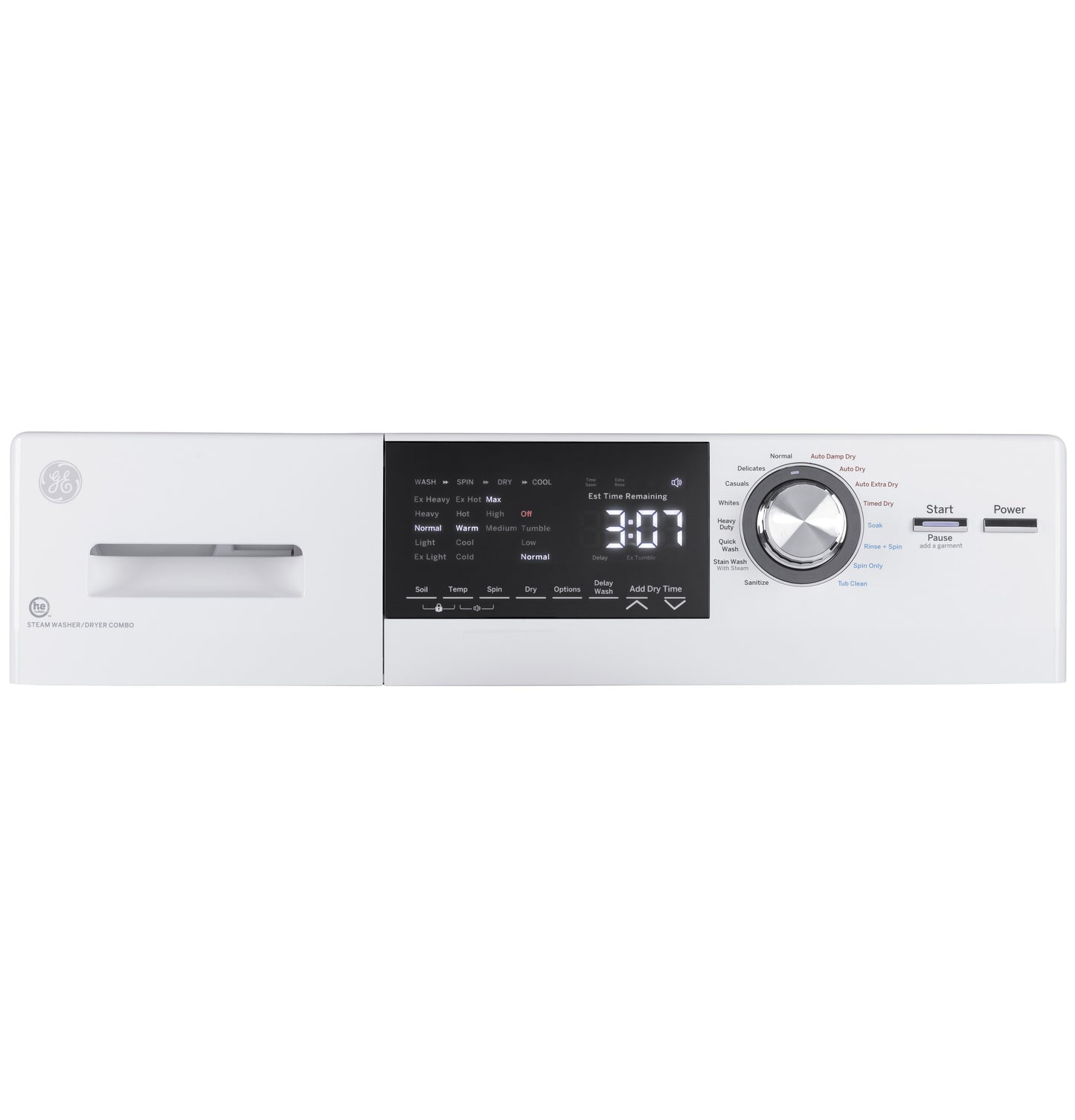 Control panel of white front load washer and condenser dryer combo with cycle dial, digital screen, and start button from washers collection