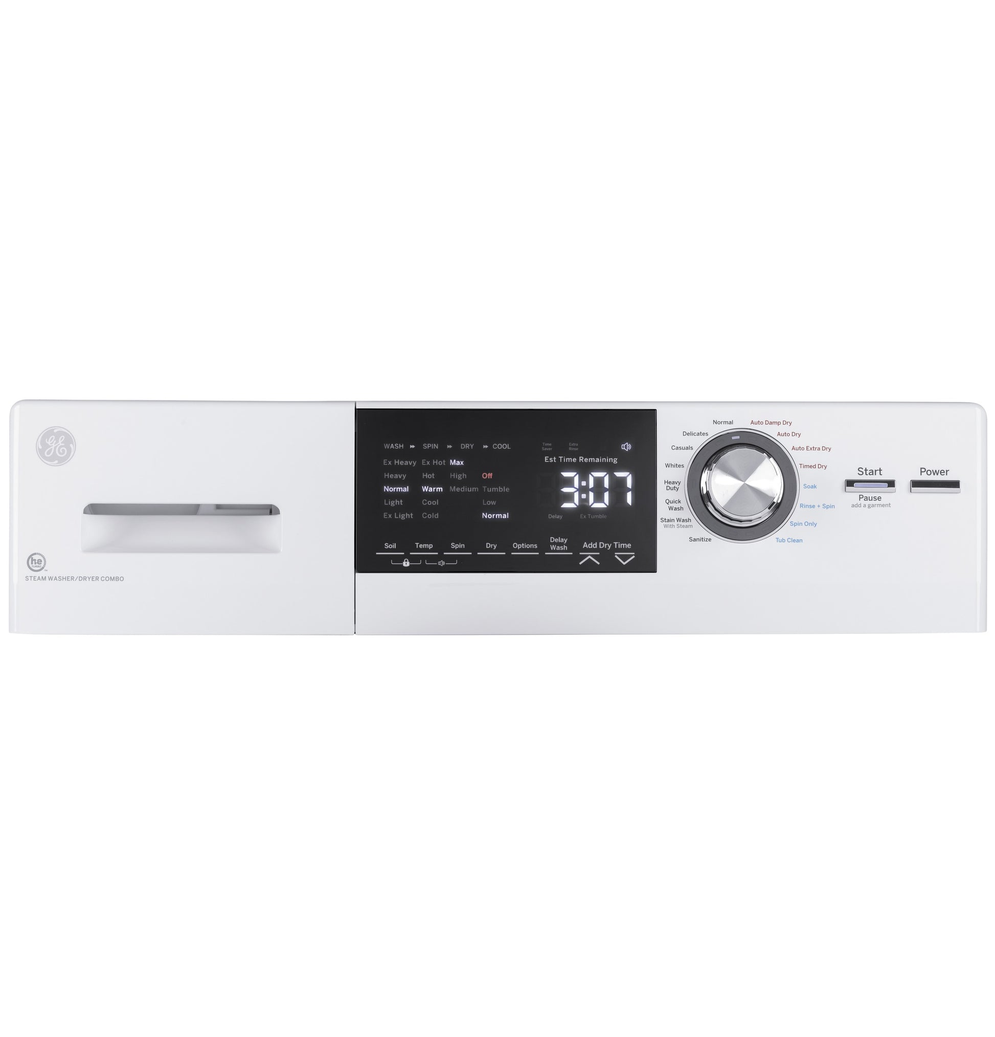 Control panel of white front load washer and condenser dryer combo with cycle dial, digital screen, and start button from washers collection