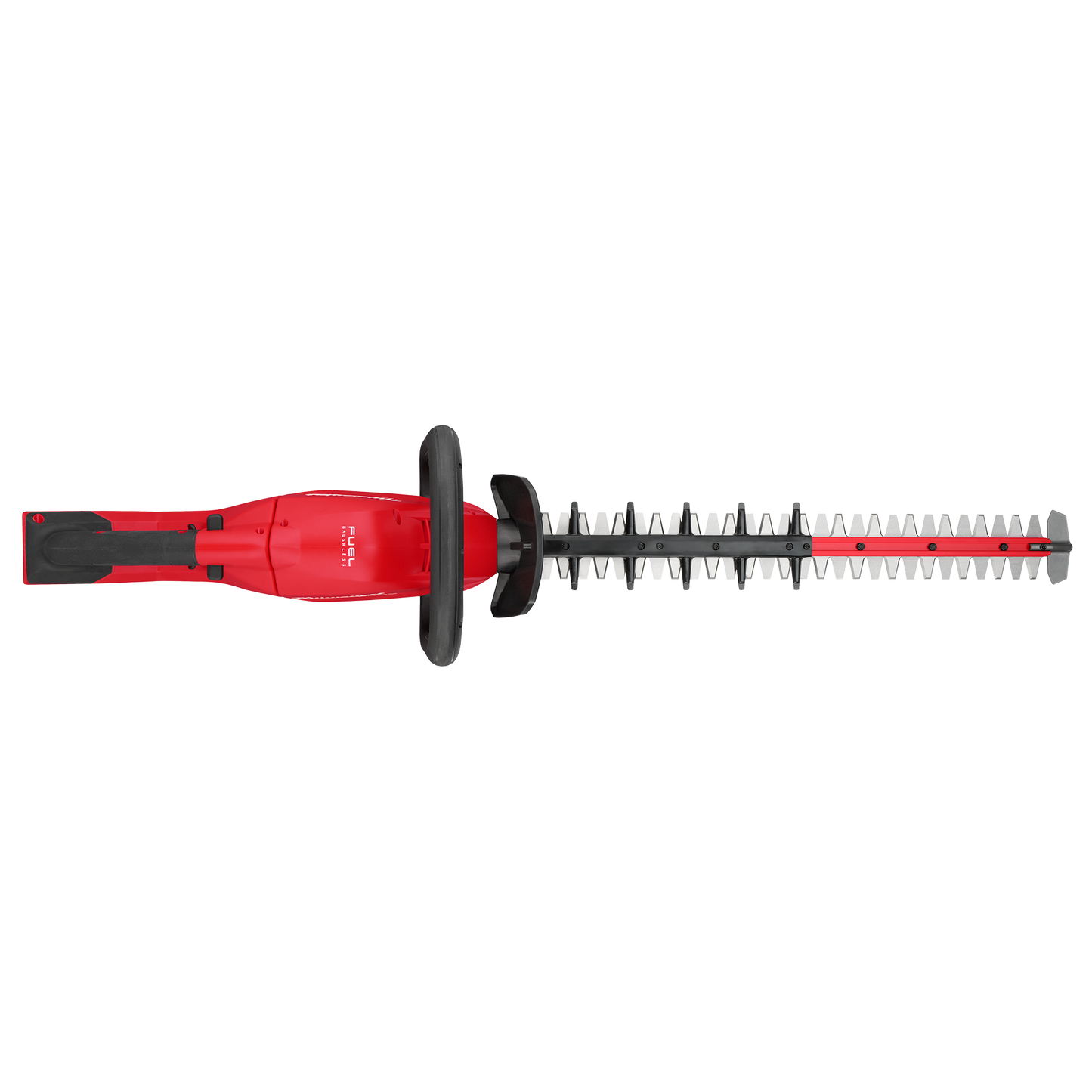 Red Milwaukee cordless hedge trimmer with 24-inch dual-action blades and ergonomic black front handle for home improvement tasks
