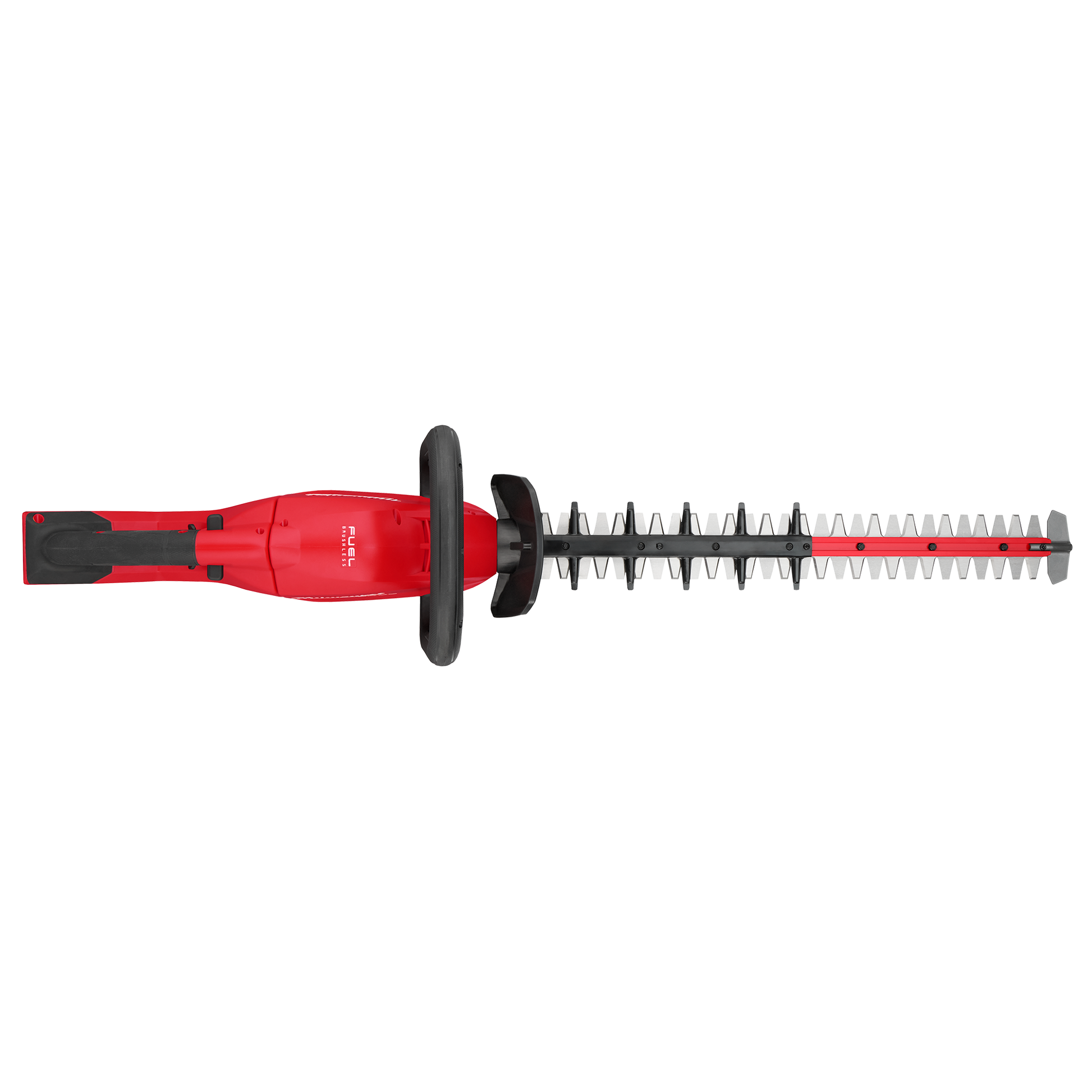 Red Milwaukee cordless hedge trimmer with 24-inch dual-action blades and ergonomic black front handle for home improvement tasks