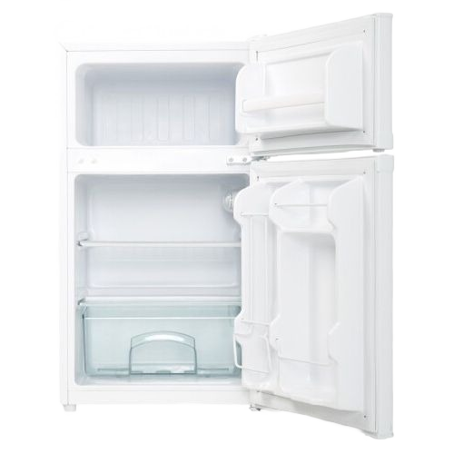 Compact white dual-door refrigerator with independent freezer compartment and interior light from kitchen appliances collection