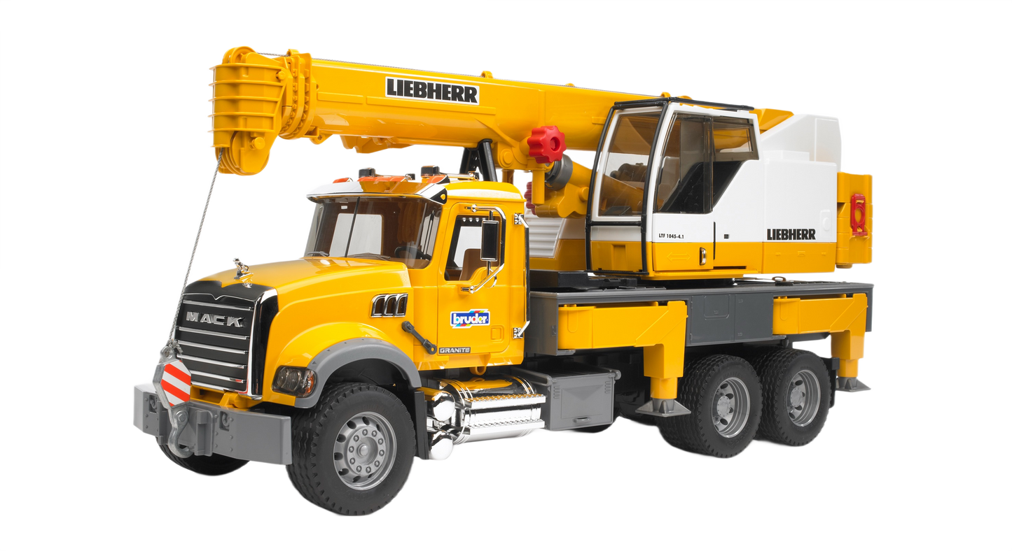 Yellow Bruder MACK Granite Liebherr crane truck model with extendable boom, part of Vehicles & Remote Controlled Toys collection