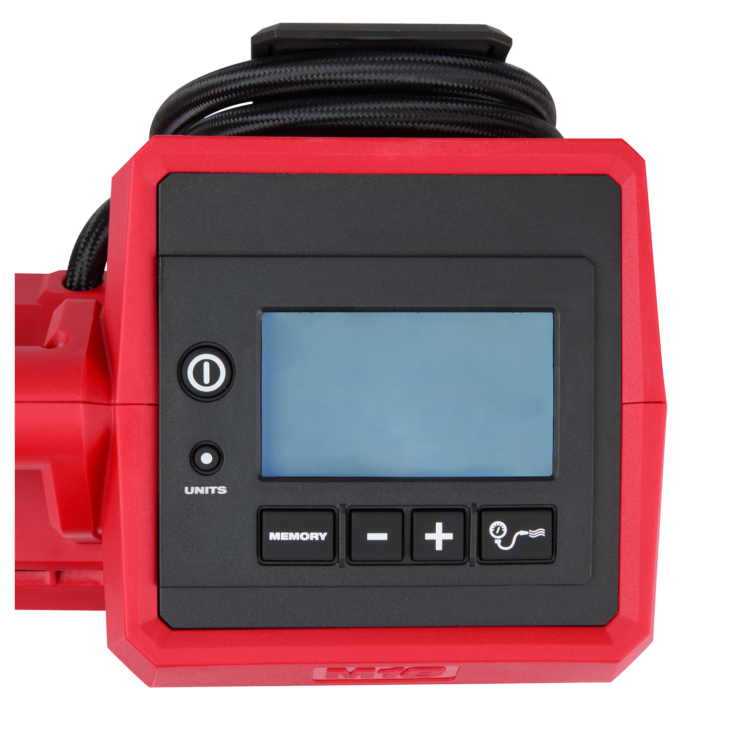Red and black cordless tire inflator with digital controls and coiled hose for tools and home improvement use