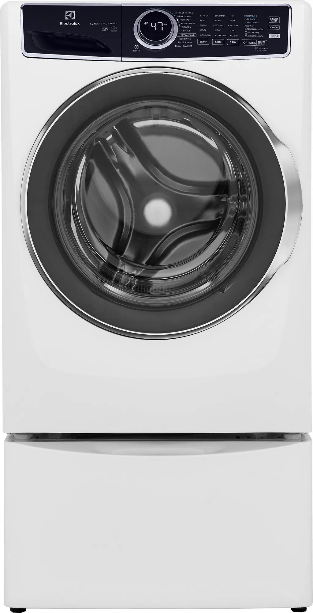 White front load washing machine with digital display and circular door, part of washers and dryers appliances collection