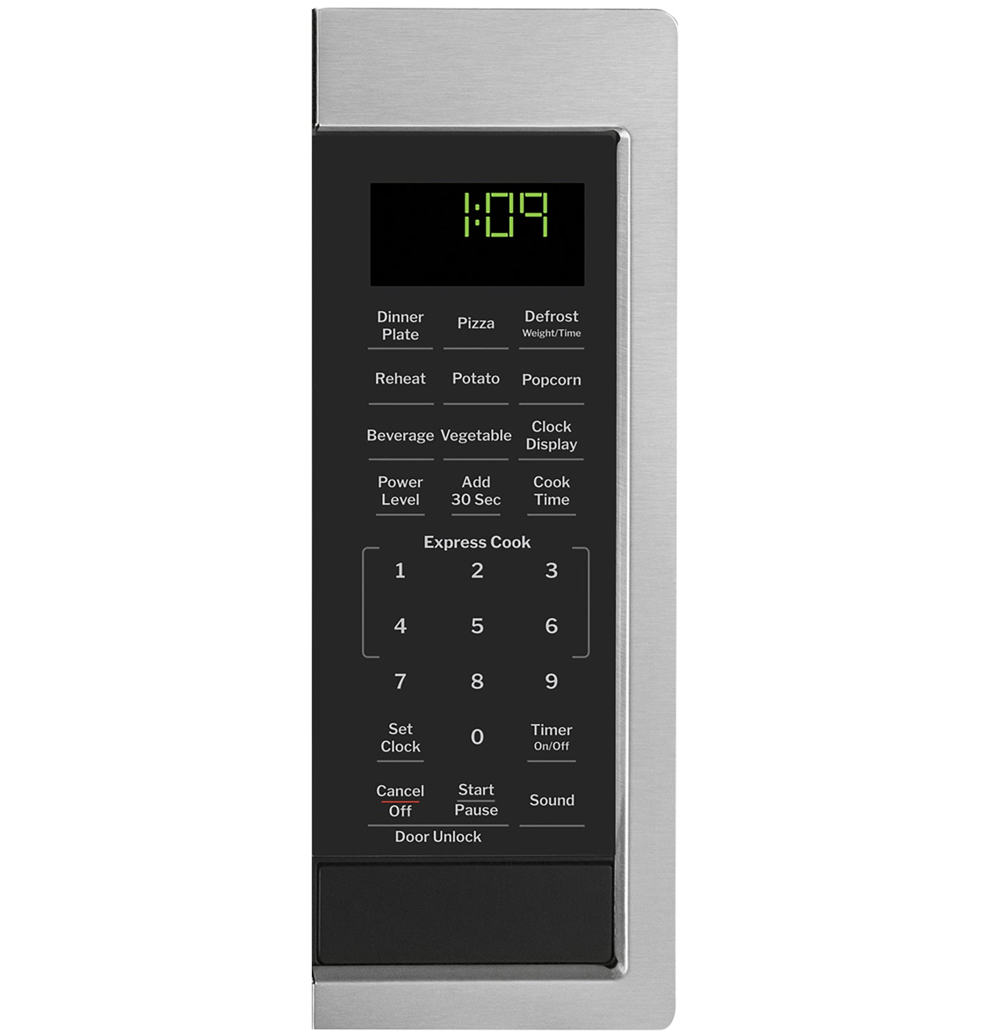 Close-up of black and stainless steel microwave control panel with digital clock and preset cooking options in kitchen appliances collection