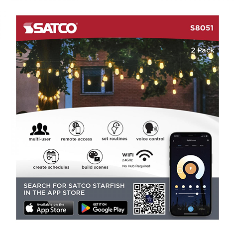 Satco smart string light replacement lamps with frosted finish for outdoor lighting, remote and voice control features