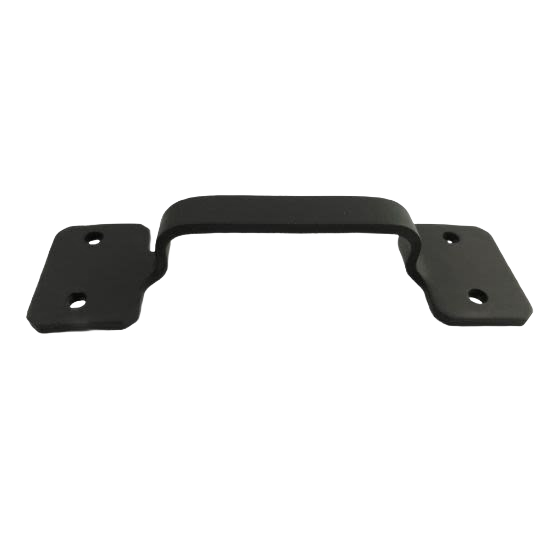 Large smooth matte black iron pull handle with square mounting plates for cabinets in hardware and home improvement collections