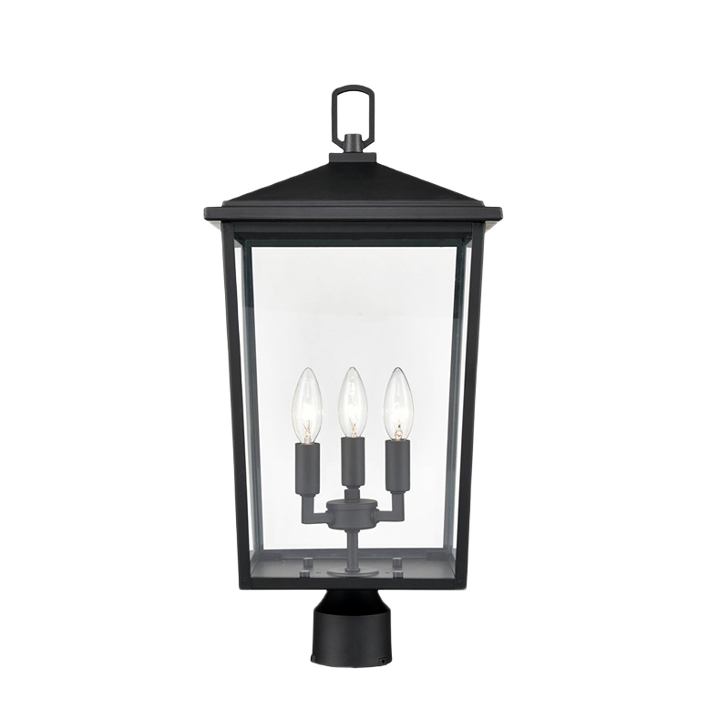 Black powder coated three light outdoor post lantern with clear glass panels for lawn and garden lighting