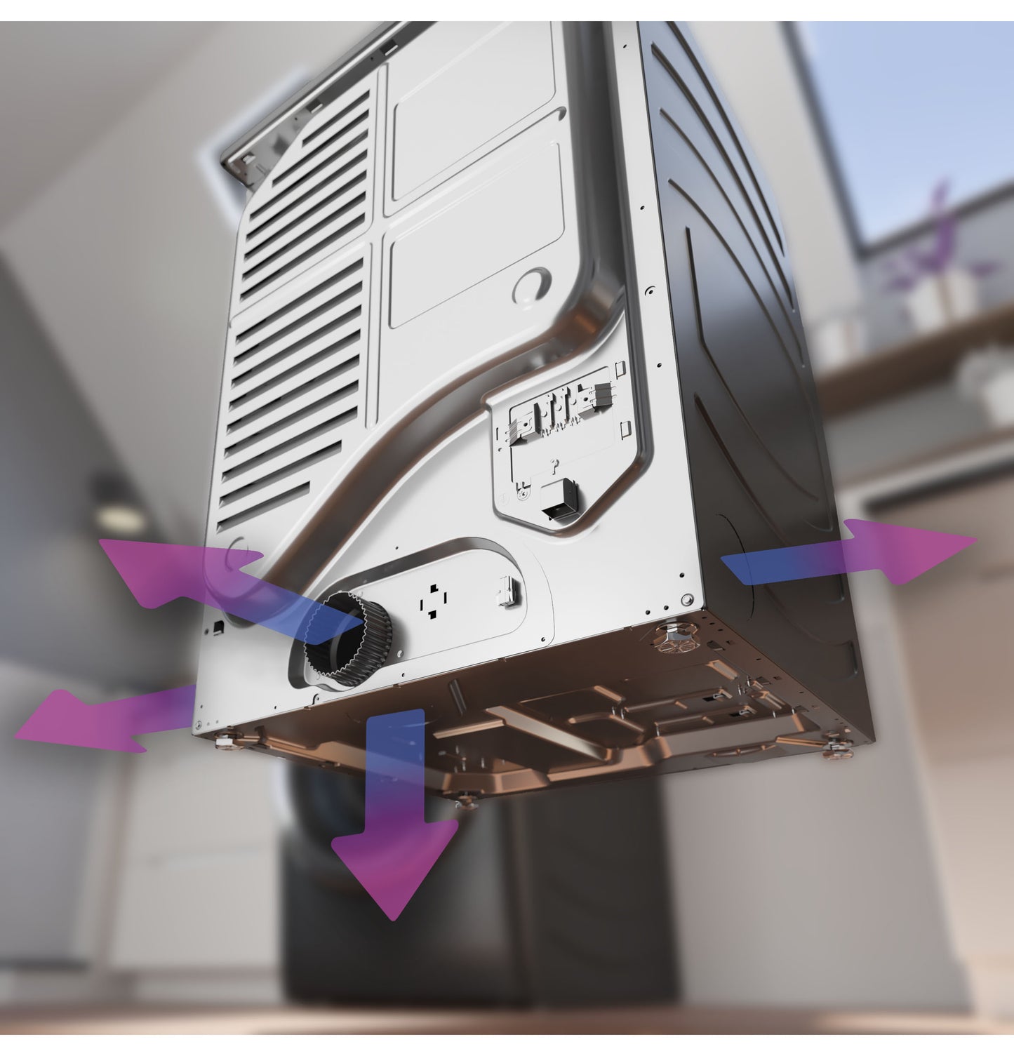 Back view of a smart front load gas dryer showing ventilation and airflow directions in an appliance setting