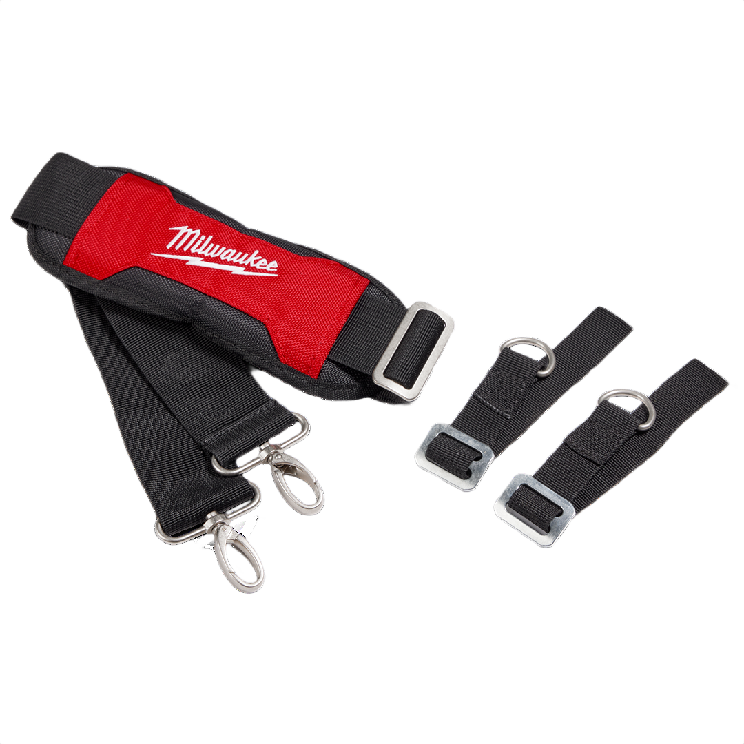 Padded red and black adjustable shoulder strap with metal clips and attachments for handheld sprayer tools under $50.