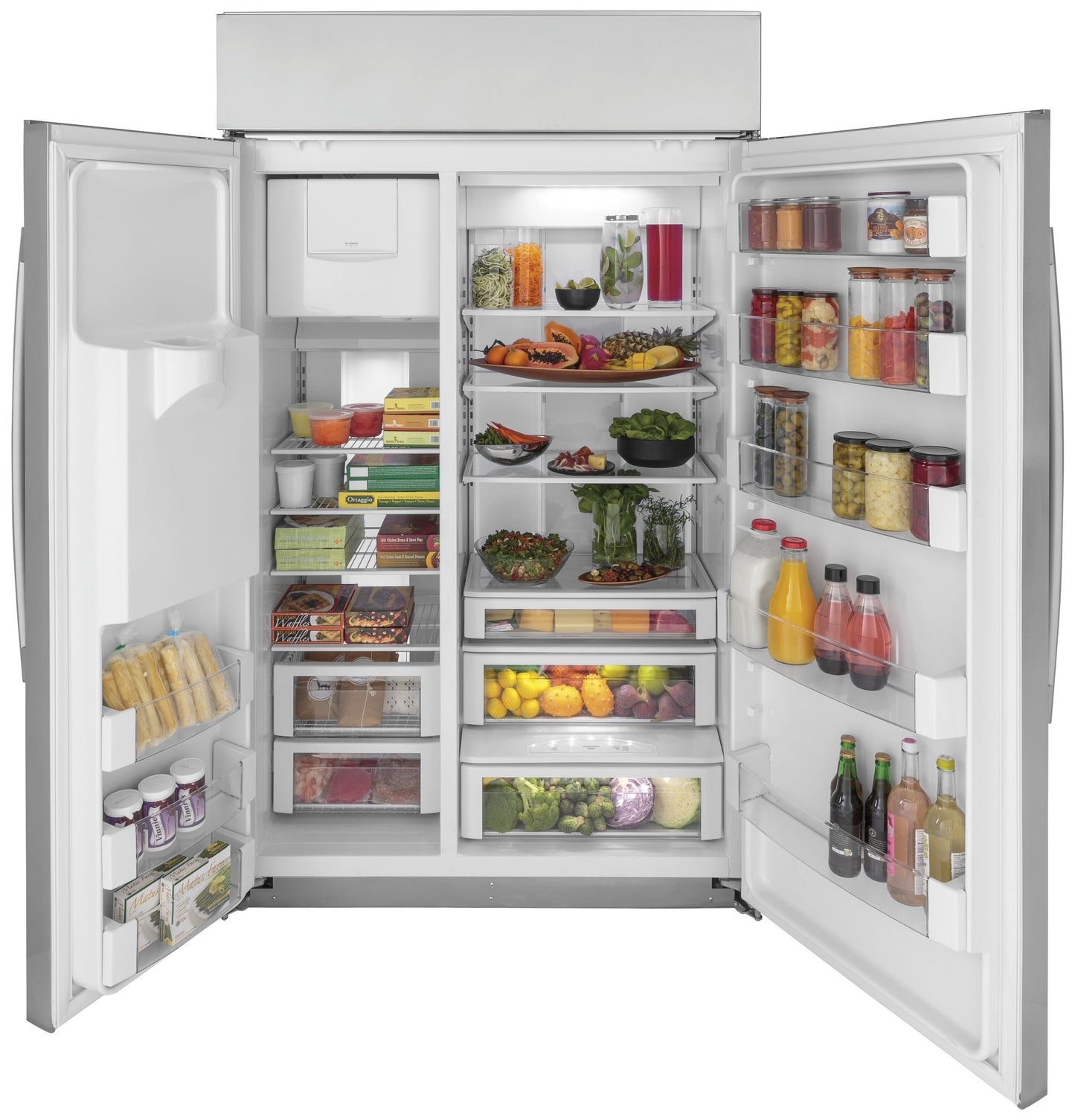 Built-in side-by-side refrigerator open to show organized shelves with fresh produce and beverages inside kitchen appliances collection