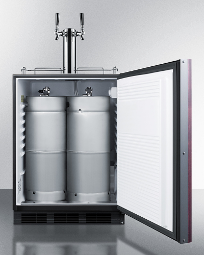 Built-in black kegerator with open door, dual tap tower, and two stainless steel keg containers inside from Refrigerators collection
