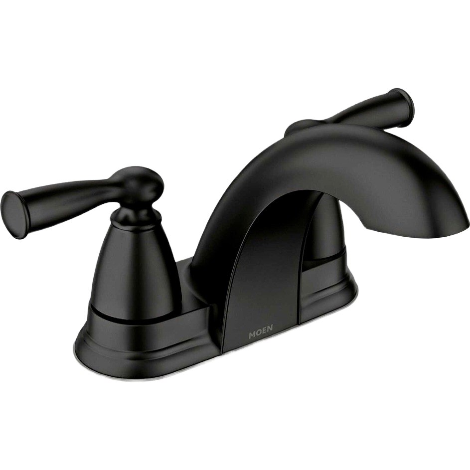 Matte black two-handle low arc bathroom faucet designed for sleek home improvement and plumbing use