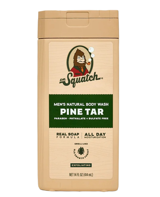 Beige bottle of men's natural pine tar exfoliating body wash from health and beauty collection under $50