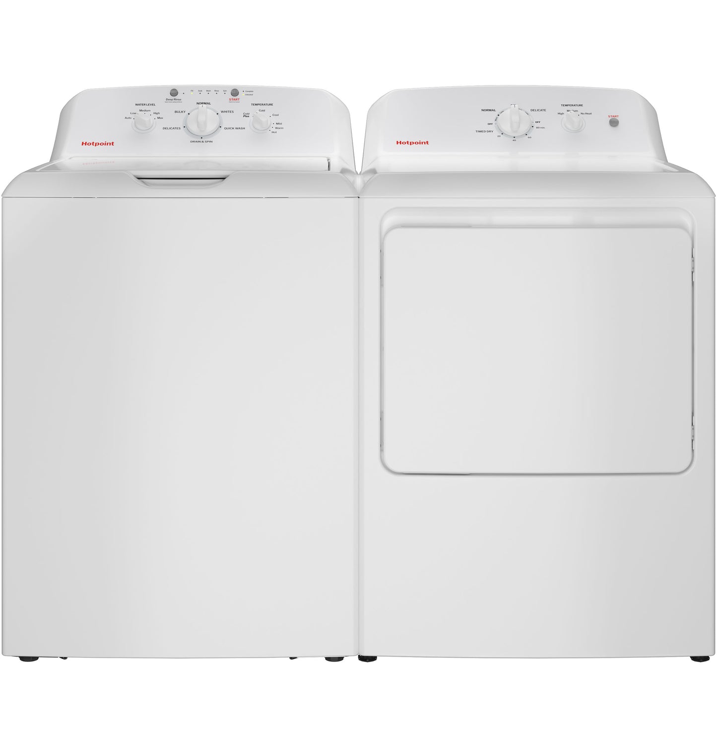 White top-load washer and matching electric dryer side by side in home appliance setting for laundry room