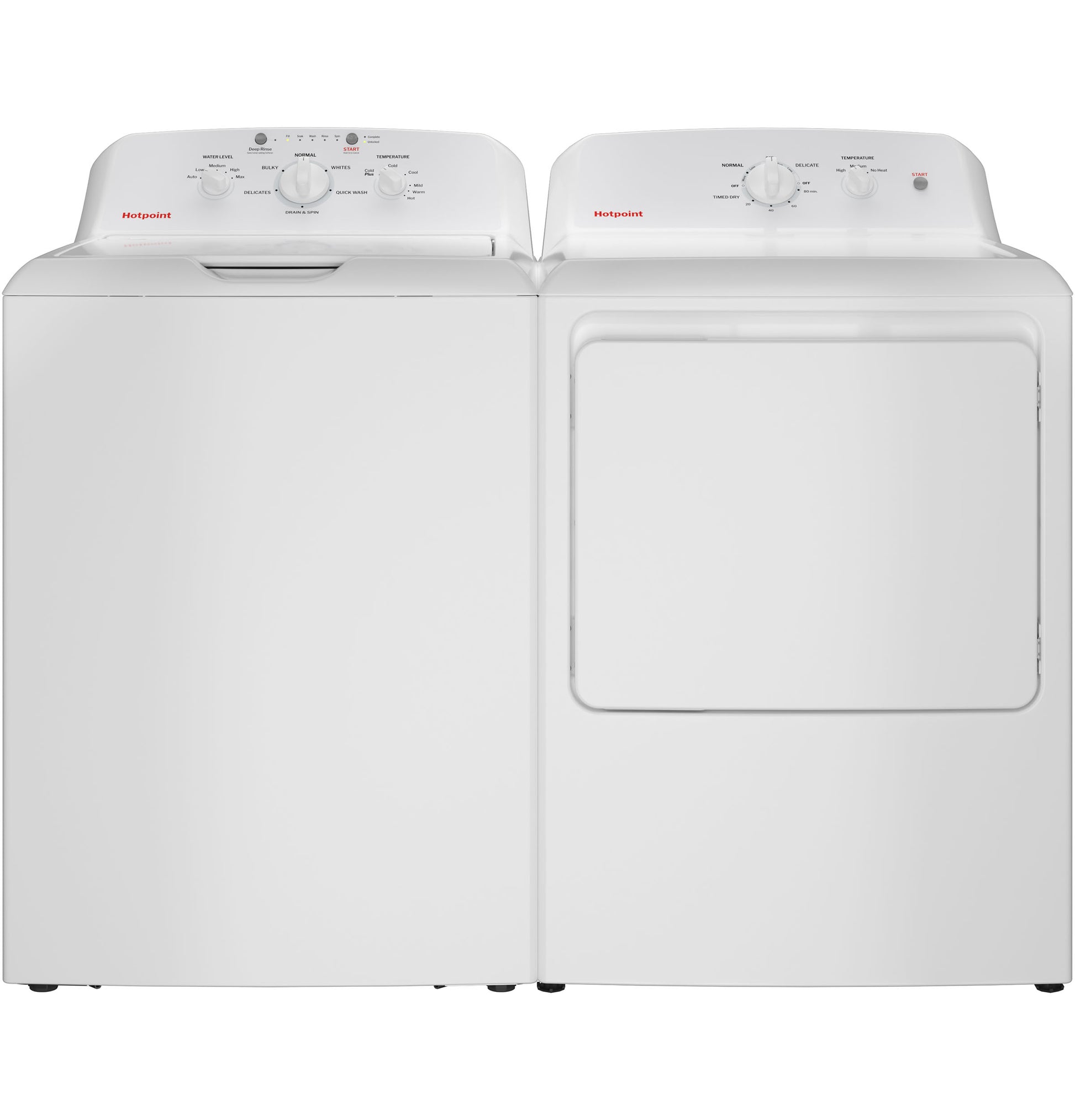 White top-load washer and matching electric dryer side by side in home appliance setting for laundry room