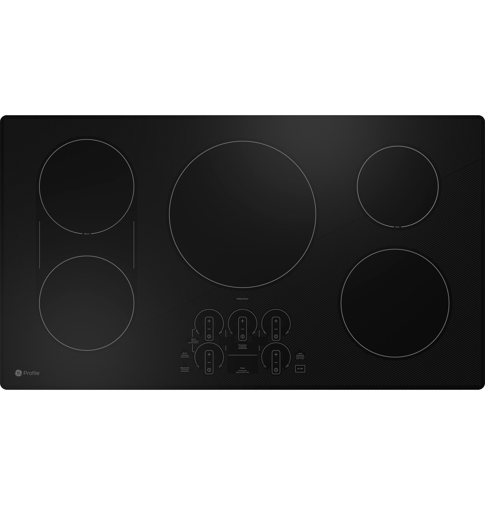 Black built-in induction cooktop with five cooking zones and touch control panel in kitchen and appliances collection