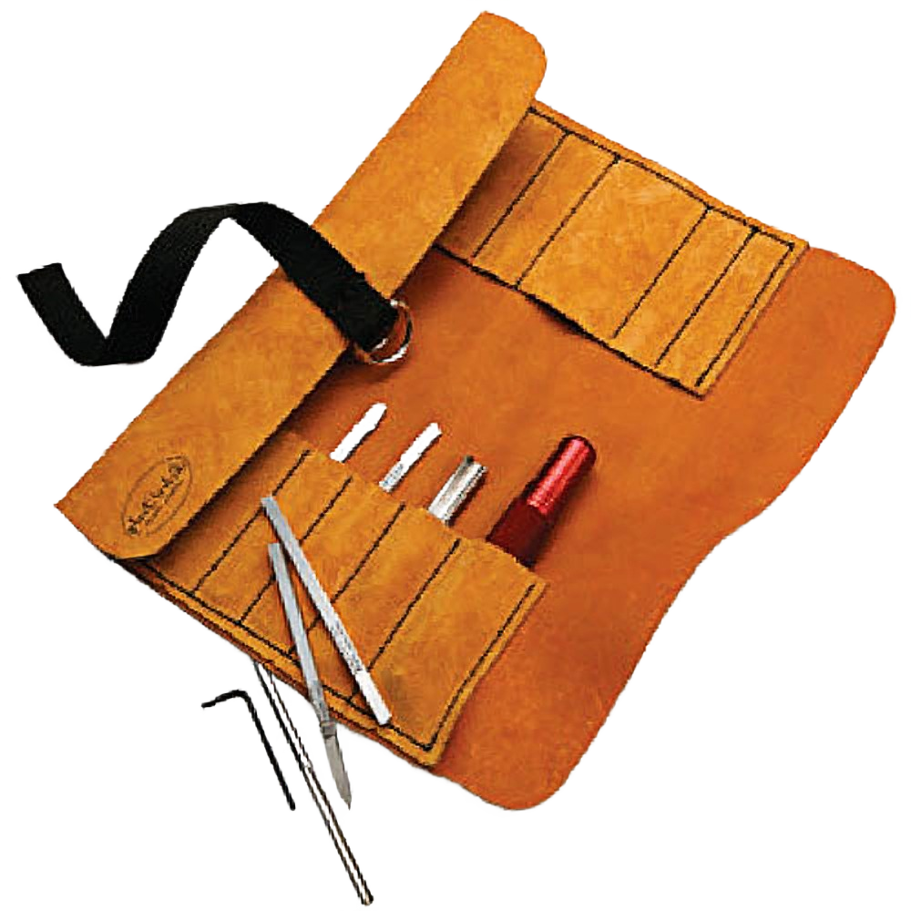 Leather tool roll with precision micro turning tools and metal tuning accessories for woodworking projects and home improvement.