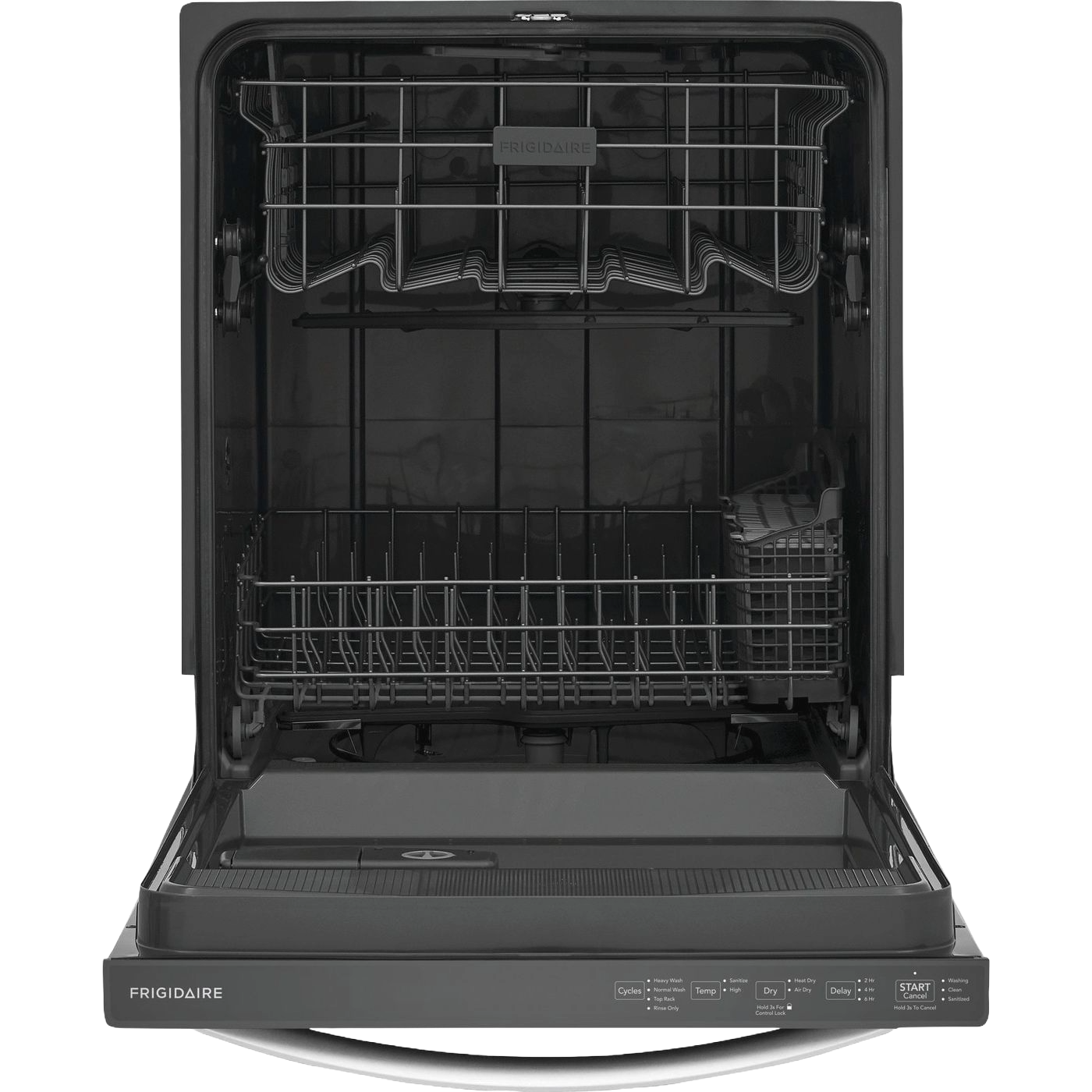Open built-in dishwasher showing empty interior racks and control panel, part of kitchen appliances and dishwashers collection