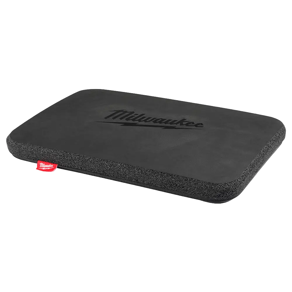 Black cushioned kneeling pad with textured edges and stitched logo for comfort during tools and home improvement tasks