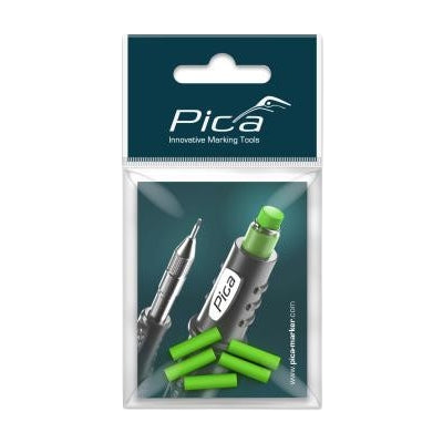 Pack of five green replacement erasers compatible with Pica Fine Dry pencils for woodworking and office use.