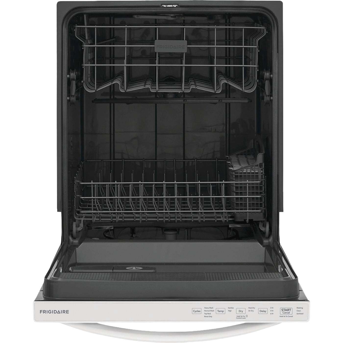 Open 24-inch built-in dishwasher interior with gray racks and control panel in kitchen appliance setting