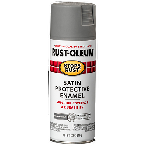 Gray satin enamel spray paint can from Rust-Oleum for durable home improvement projects in Spray Paint and Paint & Supplies collections